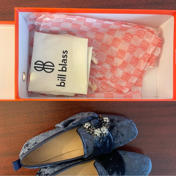 NIB Anthropologie Bill Blass Velvet Leather Blue Crystal Loafers - Picture 7 of 8